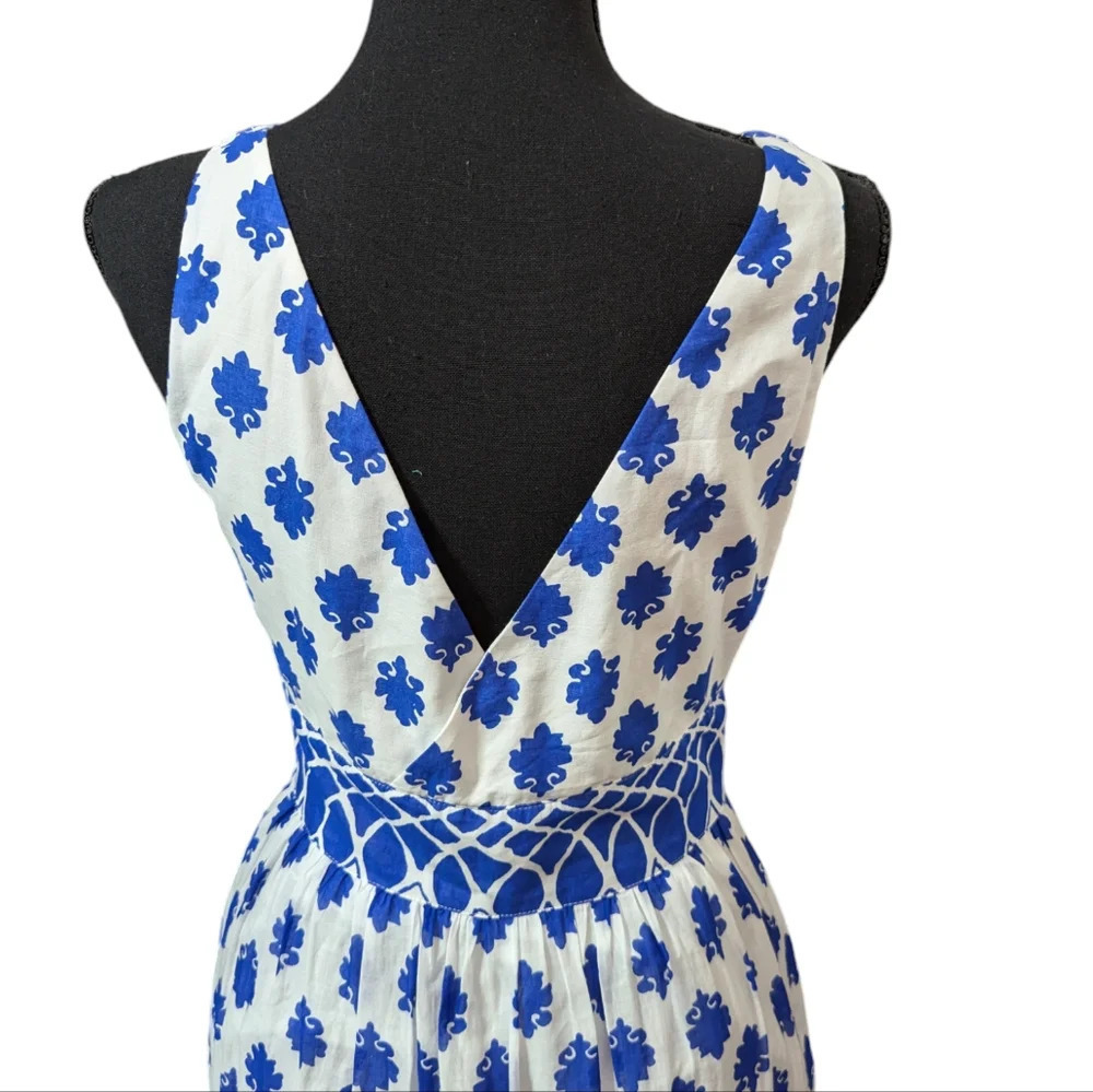 J Crew Santorini Blue White Tile Print Cotton Maxi Dress Size 00 - Picture 8 of 16